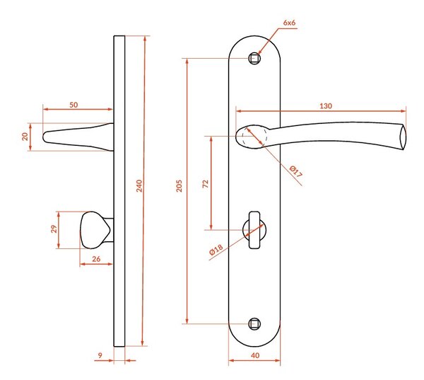 Kuchinox Malta, kľučka na dvere na dlhom kovaní s WC zámkom, rozteč 72mm, saténová, LAV-KLM_3M3A