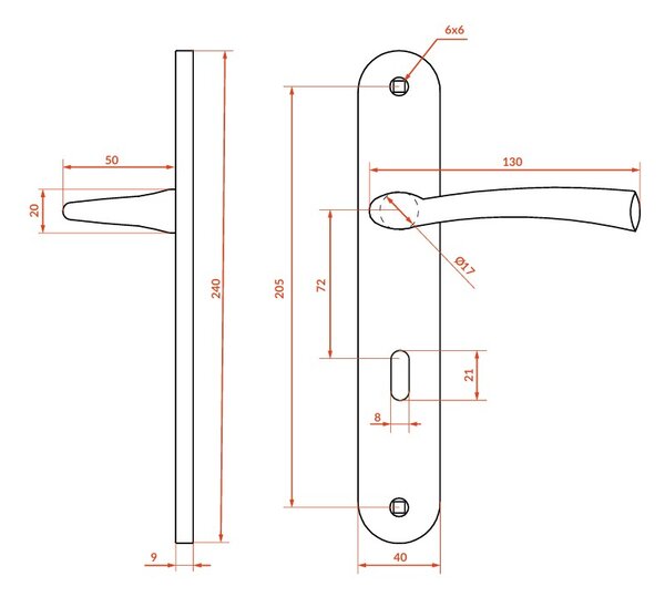 Kuchinox Malta, kľučka na dvere na dlhom kovaní pre interiérový kľúč, rozteč 72mm, saténová, LAV-KLM_3M1A