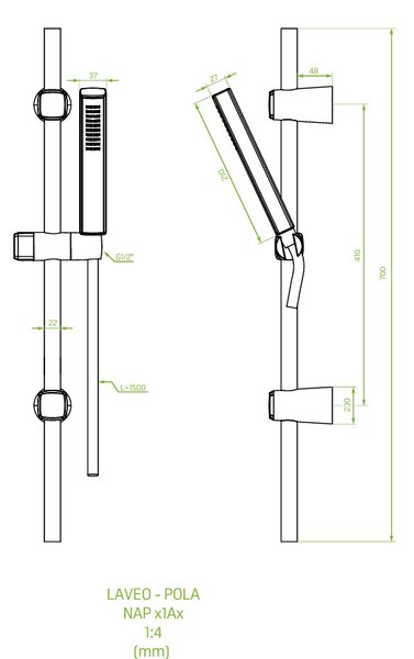 Laveo Pola, sprchový stĺp 70cm s ručnou sprchovou hlavicou, 1-funkcia, zlatá matná, LAV-NAP_G1AB