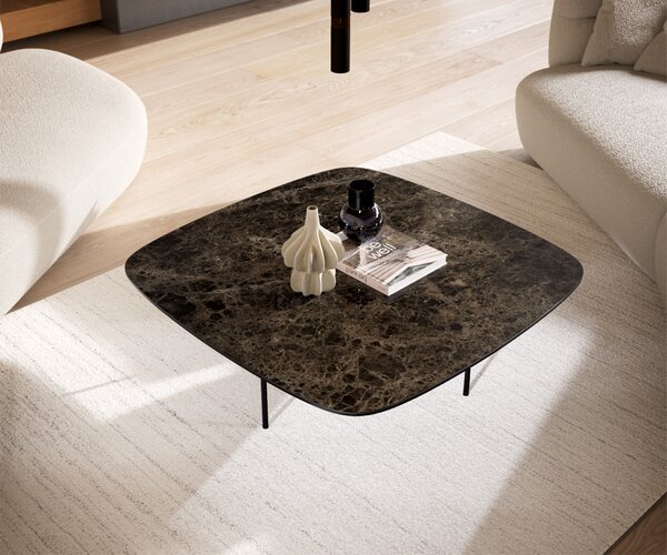 DELIFE Konferenčný stolík Edge zaoblený 90x90 cm keramika Laminam® Emperador Extra Lucidato tmavohnedá Trive kov čierna