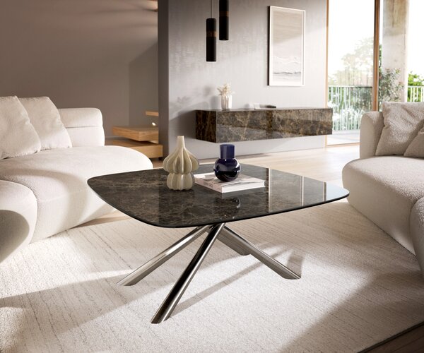 DELIFE Konferenčný stolík Edge zaoblený 90x90 cm keramika Laminam® Emperador Extra Lucidato tmavohnedá Sarity nerezová oceľ kefovaná