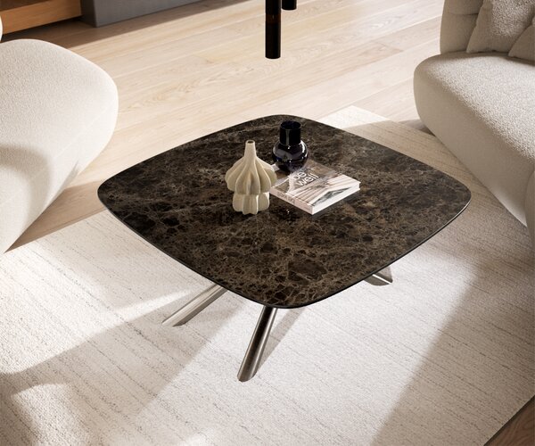 DELIFE Konferenčný stolík Edge zaoblený 90x90 cm keramika Laminam® Emperador Extra Lucidato tmavohnedá Sarity nerezová oceľ kefovaná