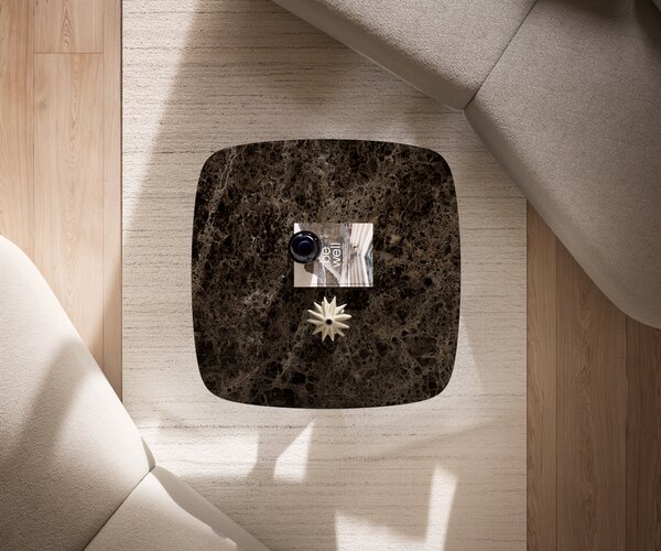 DELIFE Konferenčný stolík Edge zaoblený 90x90 cm keramika Laminam® Emperador Extra Lucidato tmavohnedá Trive kov čierna