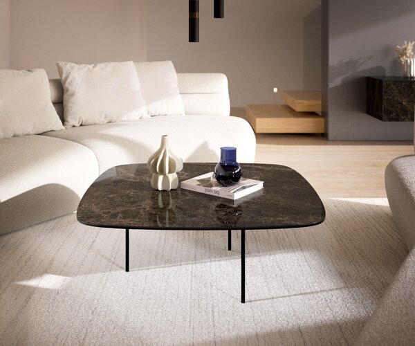 DELIFE Konferenčný stolík Edge zaoblený 90x90 cm keramika Laminam® Emperador Extra Lucidato tmavohnedá Trive kov čierna