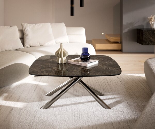 DELIFE Konferenčný stolík Edge zaoblený 90x90 cm keramika Laminam® Emperador Extra Lucidato tmavohnedá Sarity nerezová oceľ kefovaná