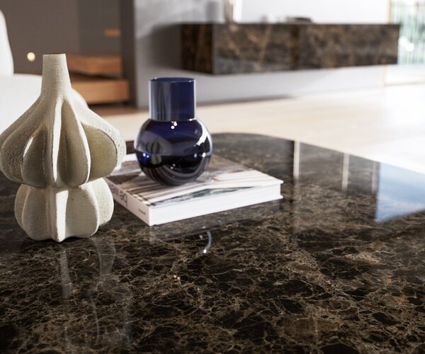 DELIFE Konferenčný stolík Edge zaoblený 90x90 cm keramika Laminam® Emperador Extra Lucidato tmavohnedá Trive kov čierna