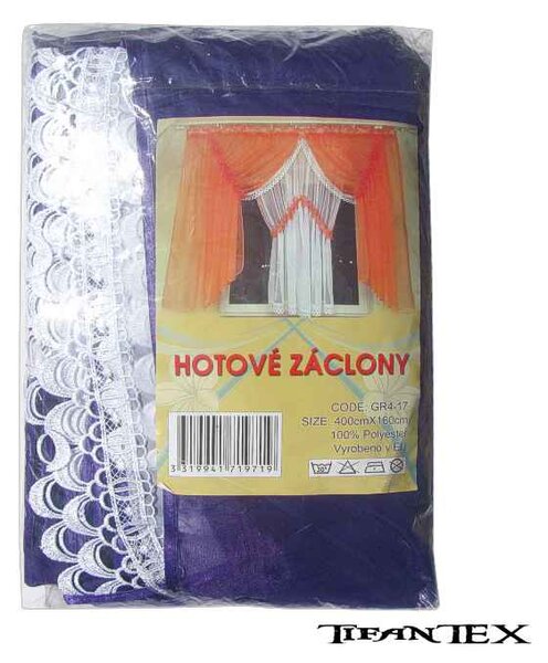 Záclony do bytu 400 x 160 cm No.GR4–17 bielo – fialová (romantická záclona s efektným riasením a krajkou)