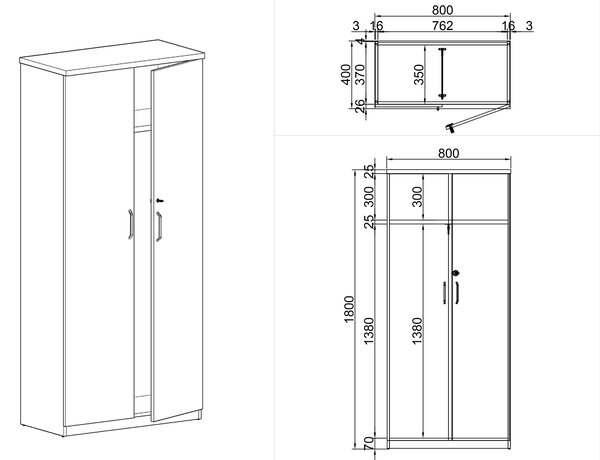 Šatníková skriňa s výsuvom MIRELLI, 800 x 400 x 1800 mm, biela