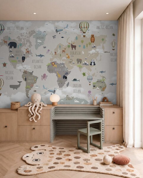 Tapety Mapa sveta so zvieratami a balónmi, Fototapety mapy sveta, Fototapety detské mapy sveta, u96461d2 : Uwalls.sk