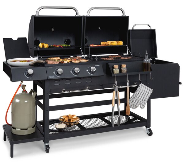 Klarstein Kingsville Smoker, kombinovaný gril, plyn, uhlie, udiarenská pec na uhlie, 13,5 kW, 3+1 horáky, čierna