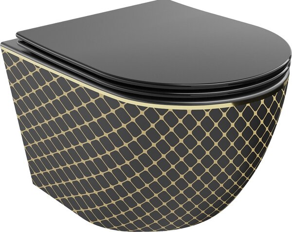 Mexen Lena, závesná toaletná misa 480x360x355 mm s pomaly padajúcim sedátkom, čierna matná - zlatý vzor, 30224079