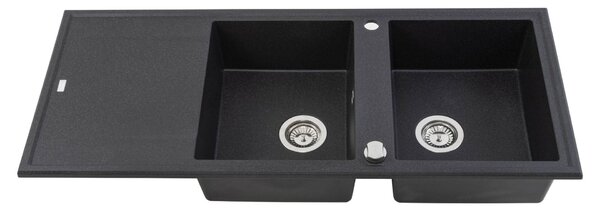 Laveo Megalo, 2-komorový granitový drez 1160x500x185 mm s dlhým odkvapávačom, čierna škvrnitá, LAV-SBE_721T