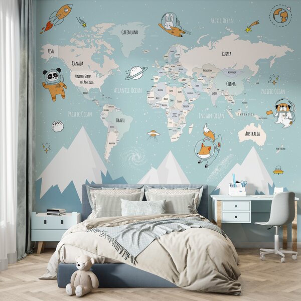 Tapety Mapa krajín sveta so zvieracími astronautmi, Detské fototapety, w00066d1 : Uwalls.sk