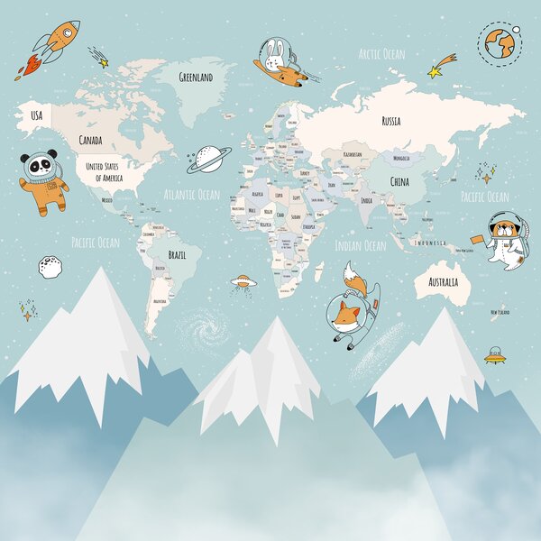 Tapety Mapa krajín sveta so zvieracími astronautmi, Detské fototapety, w00066d1 : Uwalls.sk