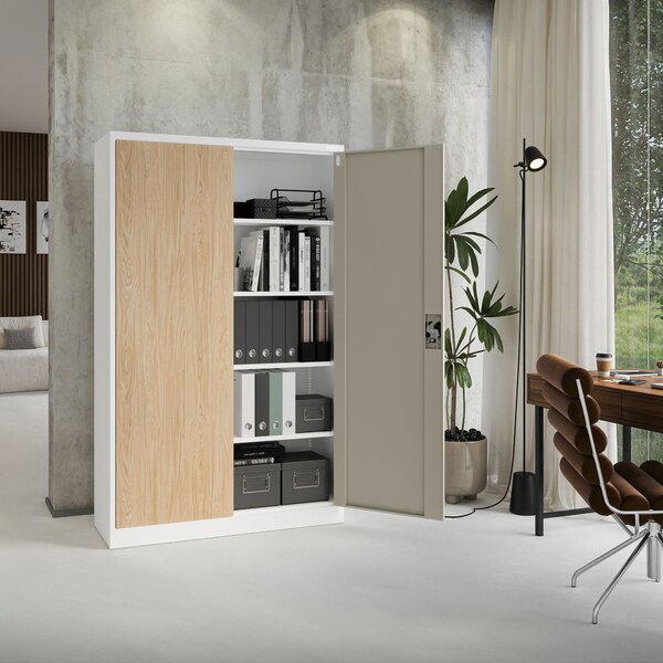 Kancelárska kovová skrinka na dokumenty JAN II, Eco Design: biela/dub sonoma