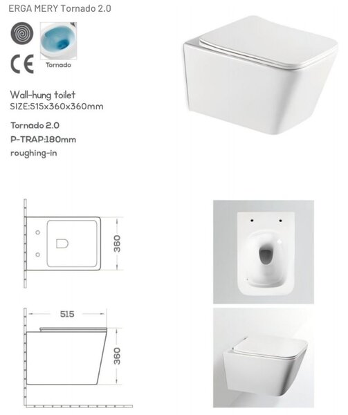 Erga Mery+, závesná WC misa 485x360x360mm, Rimless Tornado 2 + toaletné sedadlo s pomalým zatváraním, biela, ERG-V03-MERY-TO2-WH