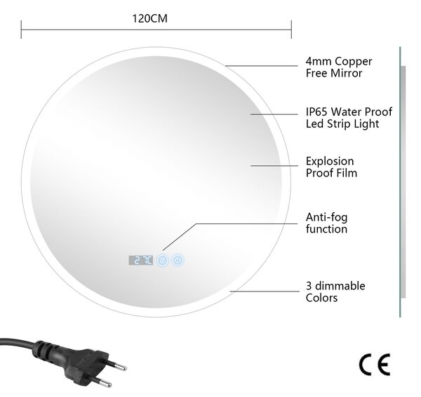 Erga Deam, okrúhle LED zrkadlo 120cm, 3 farby svetla, predné osvetlenie, vyhrievacia podložka proti zapareniu, ERG-V01-Deam-1212-CL