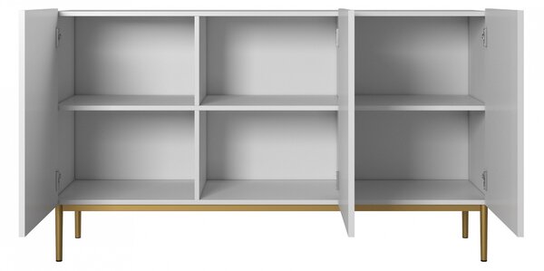 Biela komoda Nicole 150 cm s trojdverovým ryhovaným čelom - matná biela / zlaté nožičky