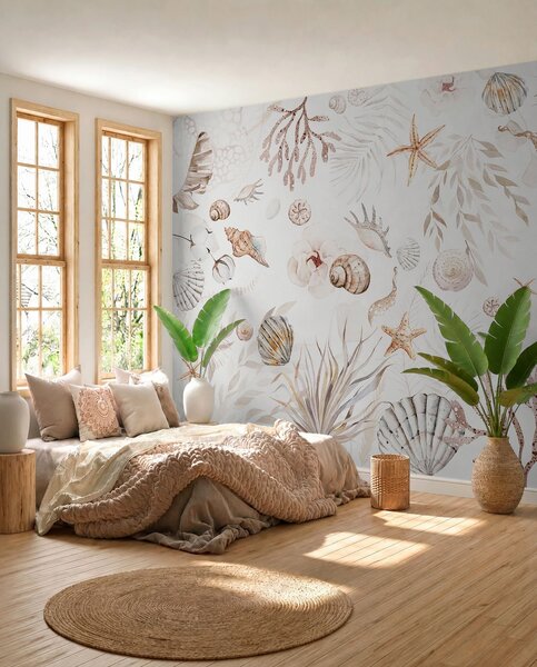 Tapety Akvarelový morský vzor, boho štýl, mušle, koraly, bavlna, béžové farby, Fototapety s prírodnými motívmi, w00851 : Uwalls.sk