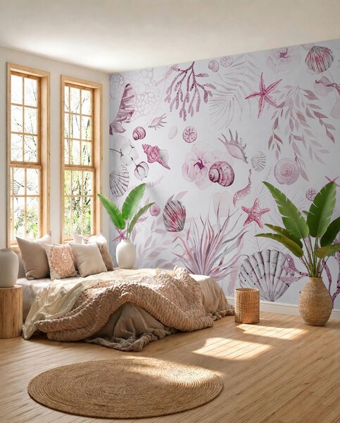 Tapety Akvarelový morský vzor, boho štýl, mušle, koraly, bavlna, ružové farby, Fototapety s kvetmi, w00851v3 : Uwalls.sk