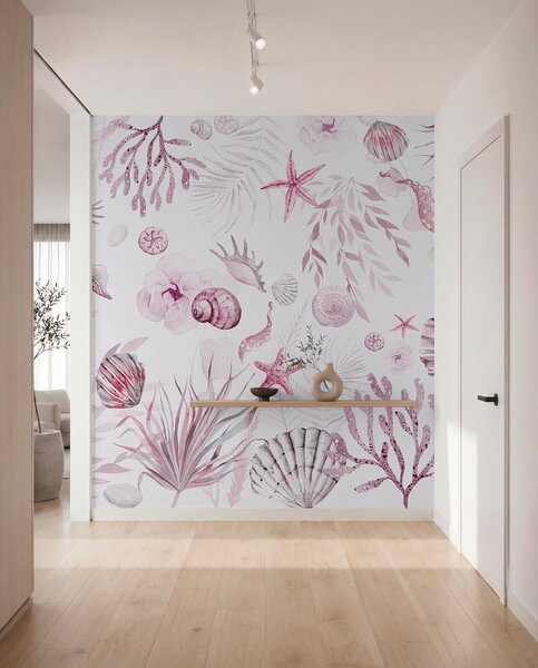 Tapety Akvarelový morský vzor, boho štýl, mušle, koraly, bavlna, ružové farby, Fototapety s kvetmi, w00851v3 : Uwalls.sk