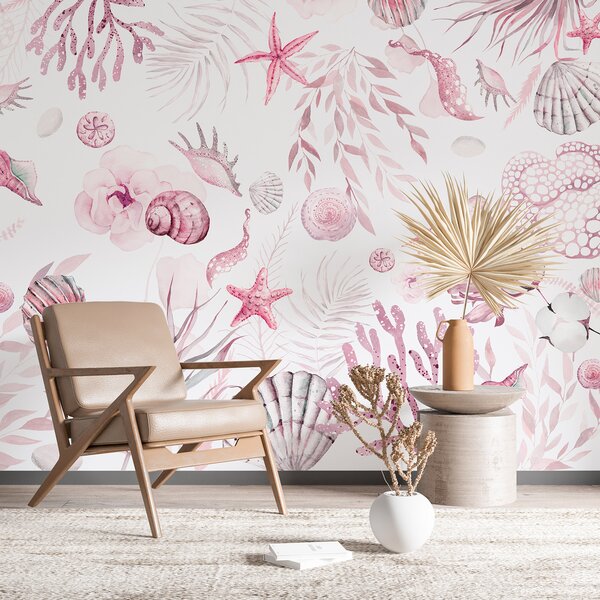 Tapety Akvarelový morský vzor, boho štýl, mušle, koraly, bavlna, ružové farby, Fototapety s kvetmi, w00851v3 : Uwalls.sk