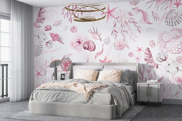 Tapety Akvarelový morský vzor, boho štýl, mušle, koraly, bavlna, ružové farby, Fototapety s kvetmi, w00851v3 : Uwalls.sk