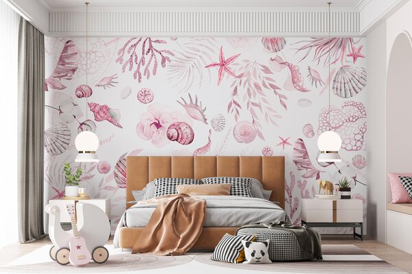 Tapety Akvarelový morský vzor, boho štýl, mušle, koraly, bavlna, ružové farby, Fototapety s kvetmi, w00851v3 : Uwalls.sk