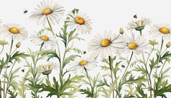 Tapety Biele sedmokrásky kvitnúce, včely lietajúce akvarel rastlina ilustrácie, zelená, biela, žltá farba, Fototapety s kvetmi, w01176 : Uwalls.sk