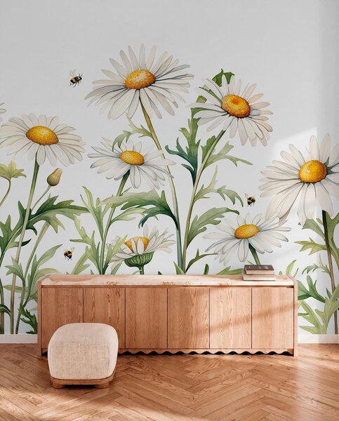 Tapety Biele sedmokrásky kvitnúce, včely lietajúce akvarel rastlina ilustrácie, zelená, biela, žltá farba, Fototapety s kvetmi, w01176 : Uwalls.sk