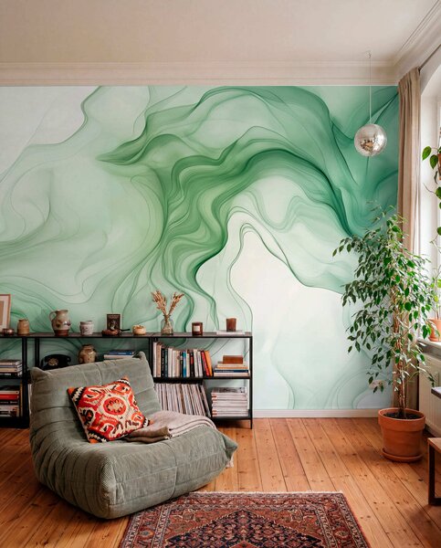 Tapety Panoramatické zelené abstraktné vlny na svetlom pozadí, 3D fototapety, Fototapety 3d geometrické postavy, w01185d1 : Uwalls.sk