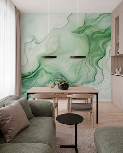 Tapety Panoramatické zelené abstraktné vlny na svetlom pozadí, 3D fototapety, Fototapety 3d geometrické postavy, w01185d1 : Uwalls.sk