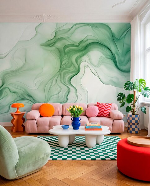Tapety Panoramatické zelené abstraktné vlny na svetlom pozadí, 3D fototapety, Fototapety 3d geometrické postavy, w01185d1 : Uwalls.sk