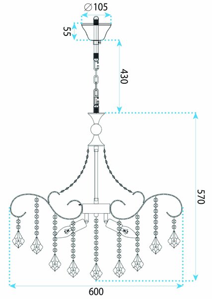 Toolight Toolight, krištáľová závesná lampa Ø60 cm, 6×E14, SWE081-CP, zlatá lesklá, OSW-30210