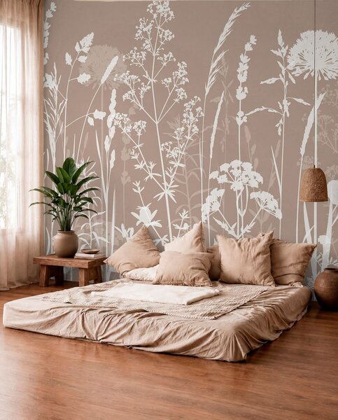 Tapety Siluety kvetov na taupe, Fototapety s prírodnými motívmi, w01270v3 : Uwalls.sk