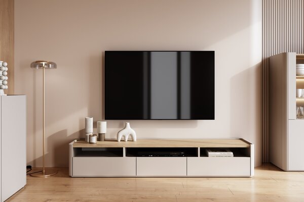 TV stolík Elivo 200 cm s dvoma zásuvkami - kašmír / olejovaný dub