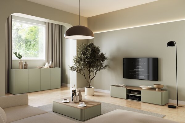 TV stolík Elivo 170 cm so zásuvkou - eukalyptus / dub baltic dune