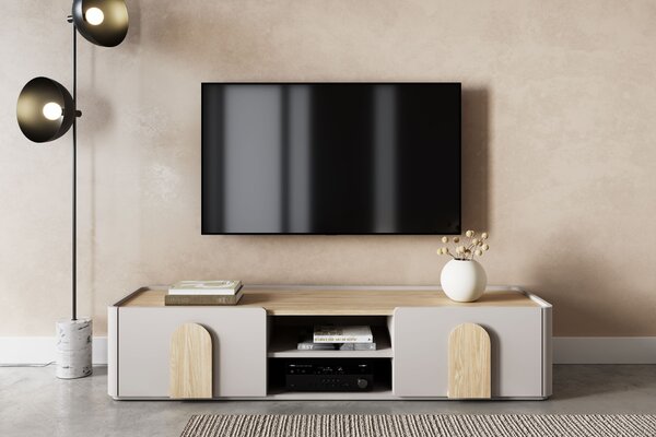 TV stolík Amilio 170 cm so zásuvkou - kašmír / olejovaný dub / úchytky svetlý dub