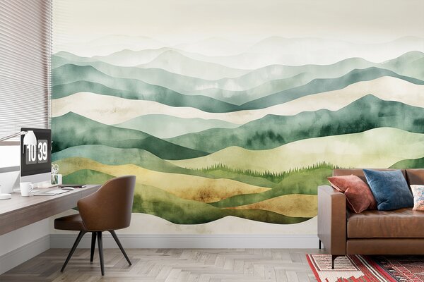 Tapety Akvarel horská krajina, les, prírodné zelené a béžové farby, Fototapety akvarel, w07950 : Uwalls.sk