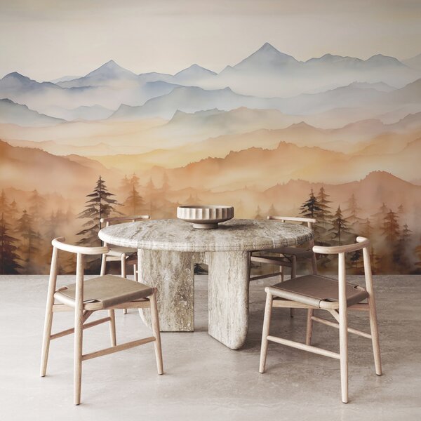Tapety Hory na lesnom pozadí akvarel, modrá oranžová farba, Fototapety s prírodnými motívmi, w08023 : Uwalls.sk