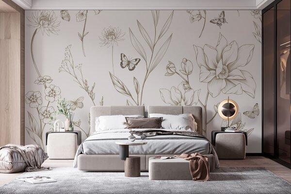 Tapety Boho Monochrome Flowers and Butterflies v béžovej farbe, Fototapety zvieratá, Fototapety motýle, w08088v1 : Uwalls.sk
