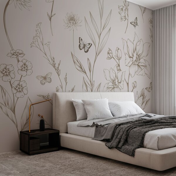 Tapety Boho Monochrome Flowers and Butterflies v béžovej farbe, Fototapety zvieratá, Fototapety motýle, w08088v1 : Uwalls.sk