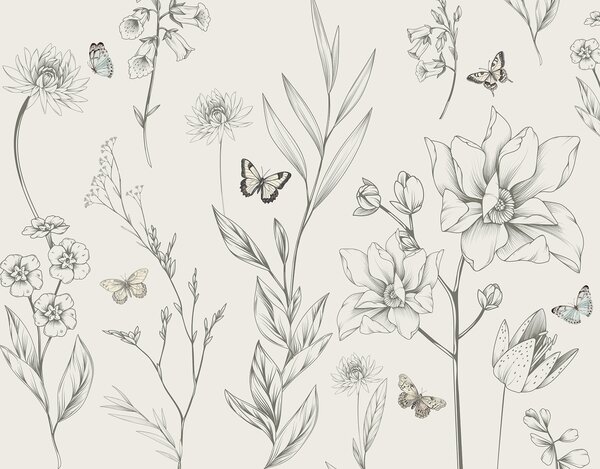 Tapety Boho monochromatické kvety a motýle, Fototapety zvieratá, Fototapety motýle, w08088 : Uwalls.sk