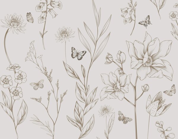 Tapety Boho Monochrome Flowers and Butterflies v béžovej farbe, Fototapety zvieratá, Fototapety motýle, w08088v1 : Uwalls.sk