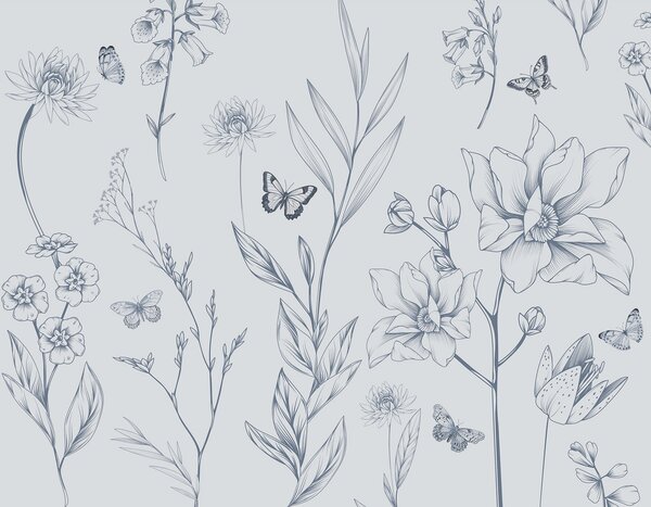Tapety Boho monochromatické kvety a motýle v modrej farbe, Fototapety zvieratá, Fototapety motýle, w08088v2 : Uwalls.sk