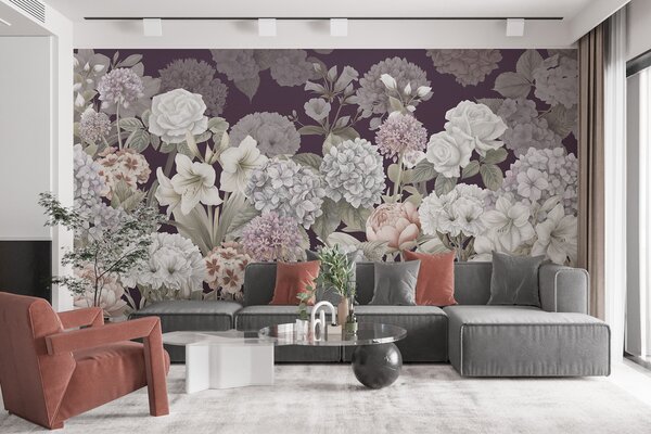 Tapety Čarovná letná záhrada na karmínovom pozadí, Fototapety s kvetmi, w08140v2 : Uwalls.sk