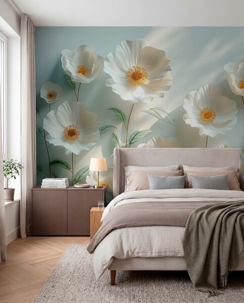 Tapety Krémové maky na šalviovej, 3D fototapety, Fototapety 3d kvety, w01339 : Uwalls.sk