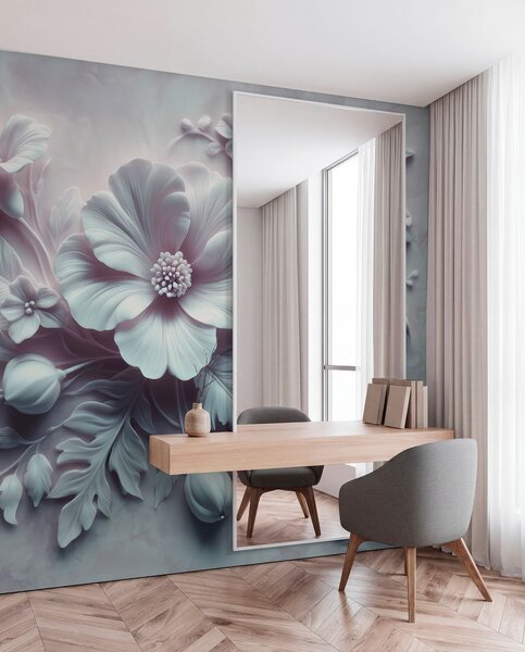 Tapety 3D reliéfne nástenné umenie s pierkami a kvetmi s veľkým makom v svetlomodrých, 3D fototapety, Fototapety 3d kvety, w01340v2 : Uwalls.sk