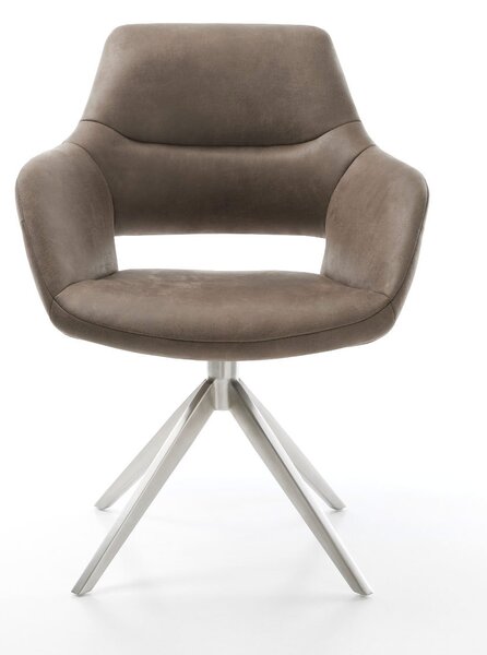 DELIFE Otočná jedálenská stolička Yago-Flex s opierkami mikrovlákno taupe vintage krížová podstava široká nerezová oceľ 360° otočná hojdacia funkcia vrecková pružina
