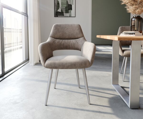 DELIFE Jedálenská stolička Yago-Flex s opierkami mikrovlákno taupe vintage 4-nohá zúžená nerezová oceľ vrecková pružina